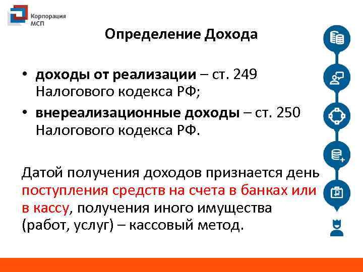 Определение Дохода • доходы от реализации – ст. 249 Налогового кодекса РФ; • внереализационные