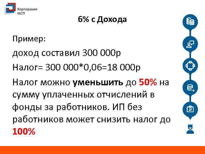 6% с Дохода Пример: доход составил 300 000 р Налог= 300 000*0, 06=18 000