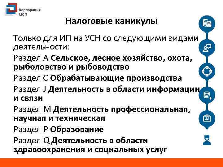 Налоговые каникулы Только для ИП на УСН со следующими видами деятельности: Раздел А Сельское,