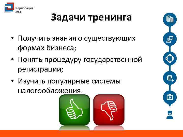 Задачи тренинга • Получить знания о существующих формах бизнеса; • Понять процедуру государственной регистрации;