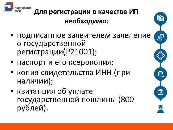 Для регистрации в качестве ИП необходимо: • подписанное заявителем заявление о государственной регистрации(P 21001);