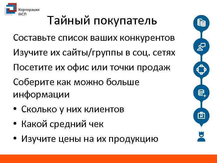 Тайный покупатель Составьте список ваших конкурентов Изучите их сайты/группы в соц. сетях Посетите их