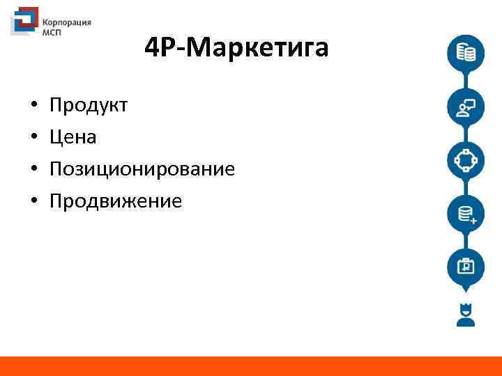 4 P-Маркетига • • Продукт Цена Позиционирование Продвижение 