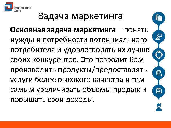 Задача маркетинга Основная задача маркетинга – понять нужды и потребности потенциального потребителя и удовлетворять