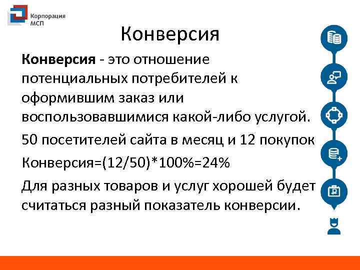 Конверсия - это отношение потенциальных потребителей к оформившим заказ или воспользовавшимися какой-либо услугой. 50