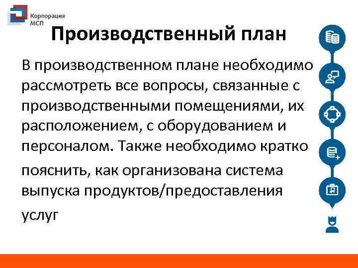 Производственный план В производственном плане необходимо рассмотреть все вопросы, связанные с производственными помещениями, их