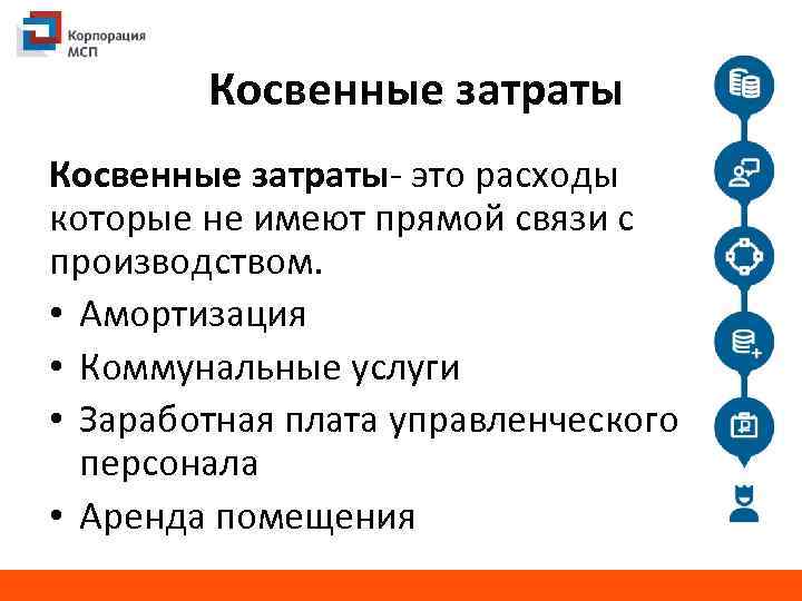 Косвенные затраты- это расходы которые не имеют прямой связи с производством. • Амортизация •