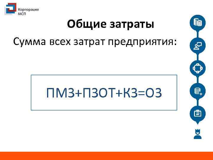 Общие затраты Сумма всех затрат предприятия: ПМЗ+ПЗОТ+КЗ=ОЗ 