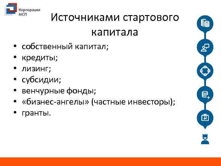 Источниками стартового капитала • • собственный капитал; кредиты; лизинг; субсидии; венчурные фонды; «бизнес-ангелы» (частные