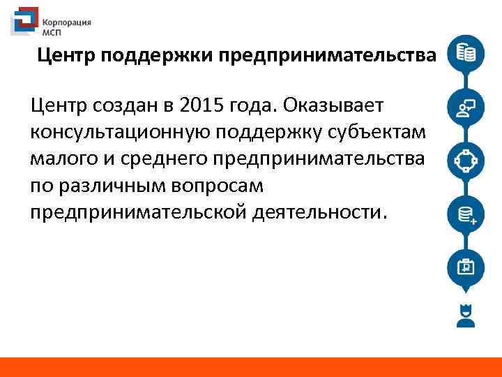 Центр поддержки предпринимательства Центр создан в 2015 года. Оказывает консультационную поддержку субъектам малого и