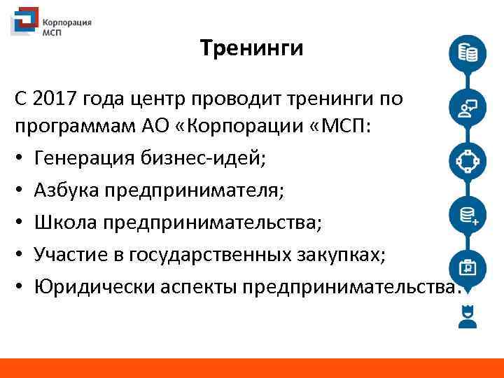 Тренинги С 2017 года центр проводит тренинги по программам АО «Корпорации «МСП: • Генерация