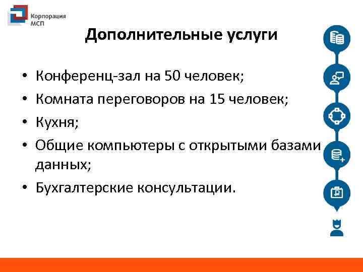 Дополнительные услуги Конференц-зал на 50 человек; Комната переговоров на 15 человек; Кухня; Общие компьютеры