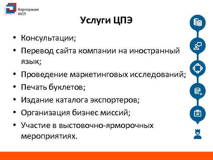 Услуги ЦПЭ • Консультации; • Перевод сайта компании на иностранный язык; • Проведение маркетинговых