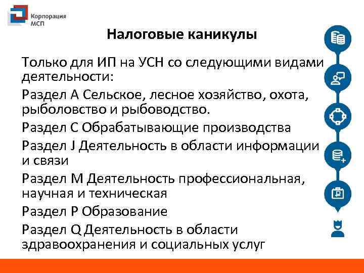 Налоговые каникулы Только для ИП на УСН со следующими видами деятельности: Раздел А Сельское,