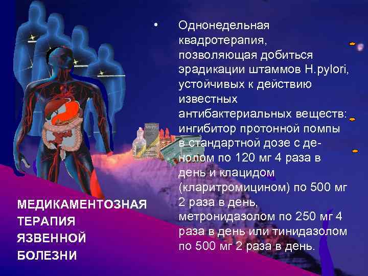  • МЕДИКАМЕНТОЗНАЯ ТЕРАПИЯ ЯЗВЕННОЙ БОЛЕЗНИ Однонедельная квадротерапия, позволяющая добиться эрадикации штаммов Н. pylori,