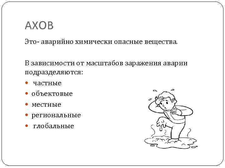 АХОВ Это- аварийно химически опасные вещества. В зависимости от масштабов заражения аварии подразделяются: частные