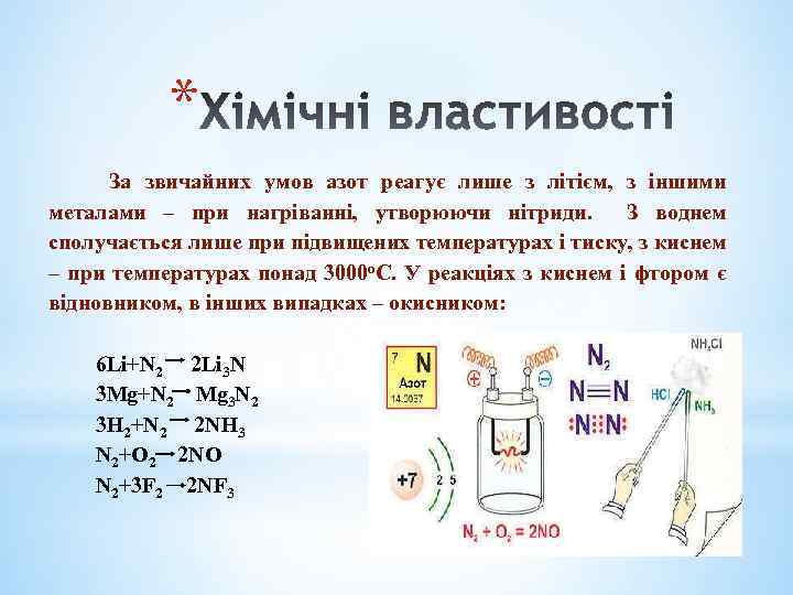 * За звичайних умов азот реагує лише з літієм, з іншими металами – при