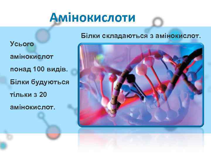 Амінокислоти Білки складаються з амінокислот. Усього амінокислот понад 100 видів. Білки будуються тільки з