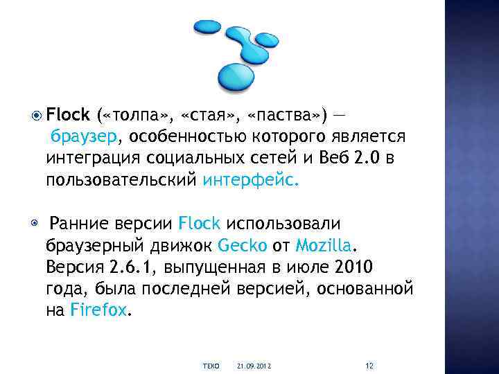  Flock ( «толпа» , «стая» , «паства» ) — браузер, особенностью которого является