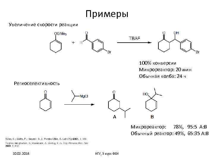 Примеры Увеличение скорости реакции 100% конверсии Микрореактор: 20 мин Обычная колба: 24 ч Региоселективность