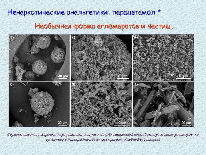 Ненаркотические анальгетики: парацетамол * Необычная форма агломератов и частиц… Образцы высокодисперсного парацетамола, полученные сублимационной
