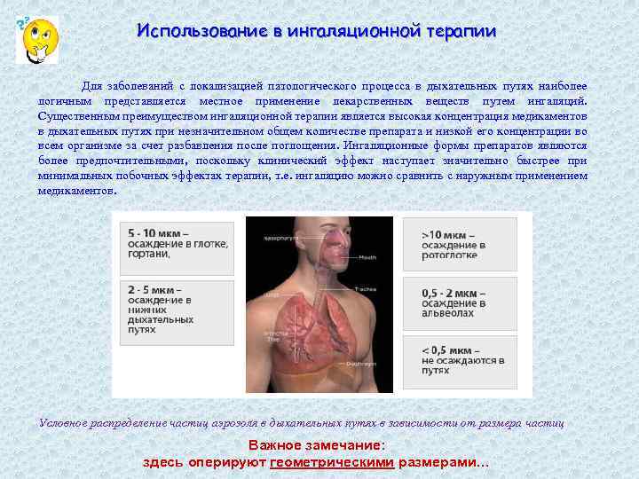 Использование в ингаляционной терапии Для заболеваний с локализацией патологического процесса в дыхательных путях наиболее