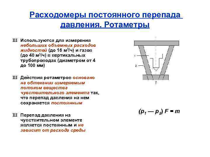 Расходомеры постоянного перепада давления. Ротаметры Ш Используются для измерения небольших объемных расходов жидкостей (до