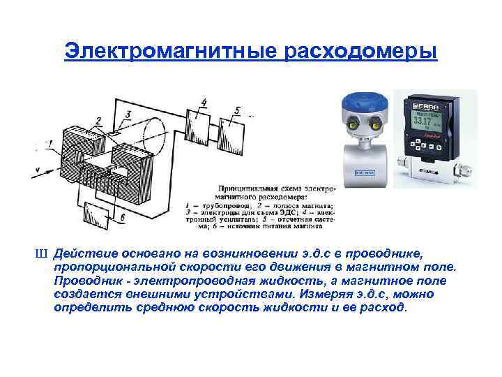 Электромагнитные расходомеры Ш Действие основано на возникновении э. д. с в проводнике, пропорциональной скорости
