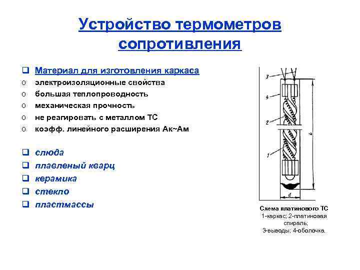 Устройство термометров сопротивления q Материал для изготовления каркаса o o o электроизоляционные свойства большая