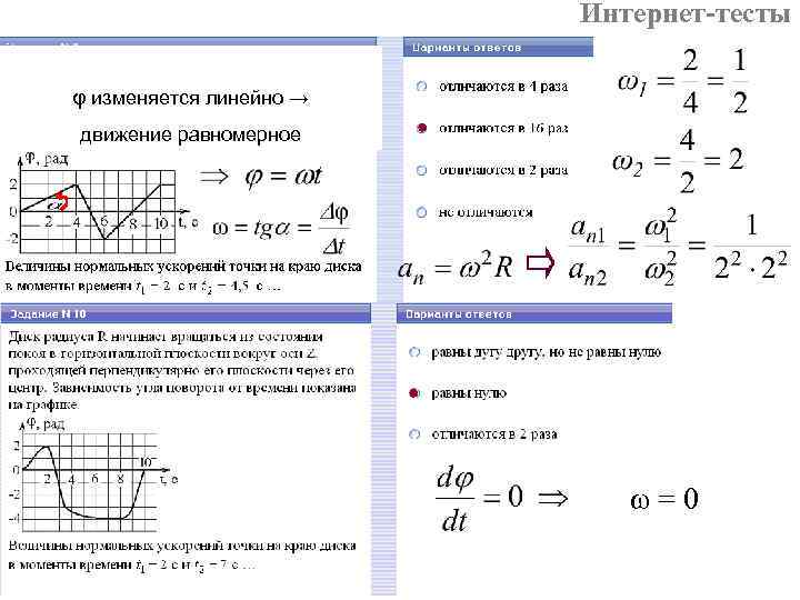 Интернет-тесты φ изменяется линейно → движение равномерное ω = 0 
