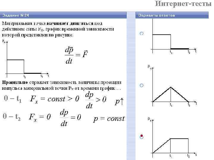 Интернет-тесты 0 – t 1 Fх = const > 0 0 – t 2