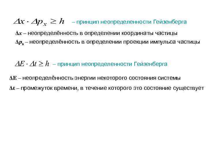 – принцип неопределенности Гейзенберга Δx – неопределённость в определении координаты частицы Δpx – неопределённость