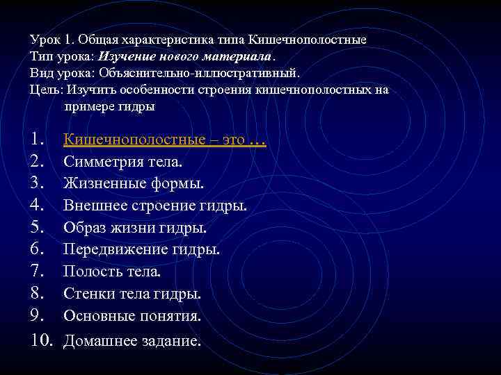 Урок 1. Общая характеристика типа Кишечнополостные Тип урока: Изучение нового материала. Вид урока: Объяснительно-иллюстративный.