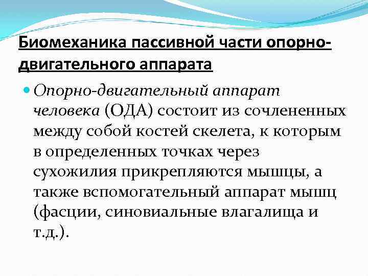 Биомеханика пассивной части опорнодвигательного аппарата Опорно-двигательный аппарат человека (ОДА) состоит из сочлененных между собой