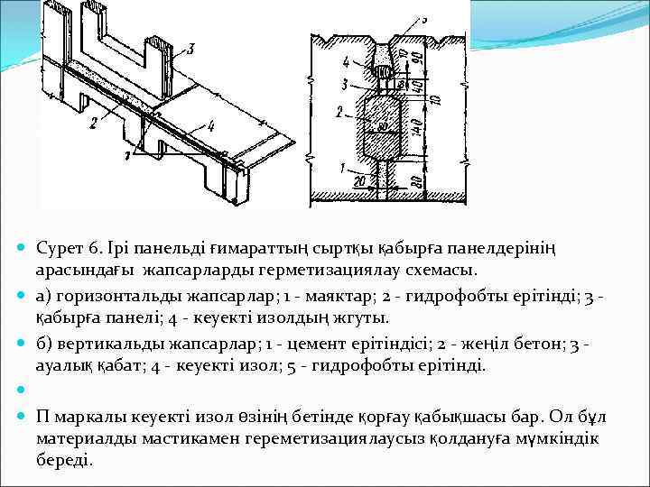  Сурет 6. Ірі панельді ғимараттың сыртқы қабырға панелдерінің арасындағы жапсарларды герметизациялау схемасы. а)