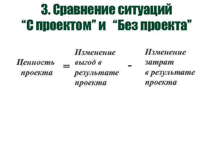 3. Сравнение ситуаций “С проектом” и “Без проекта” Ценность проекта = Изменение выгод в