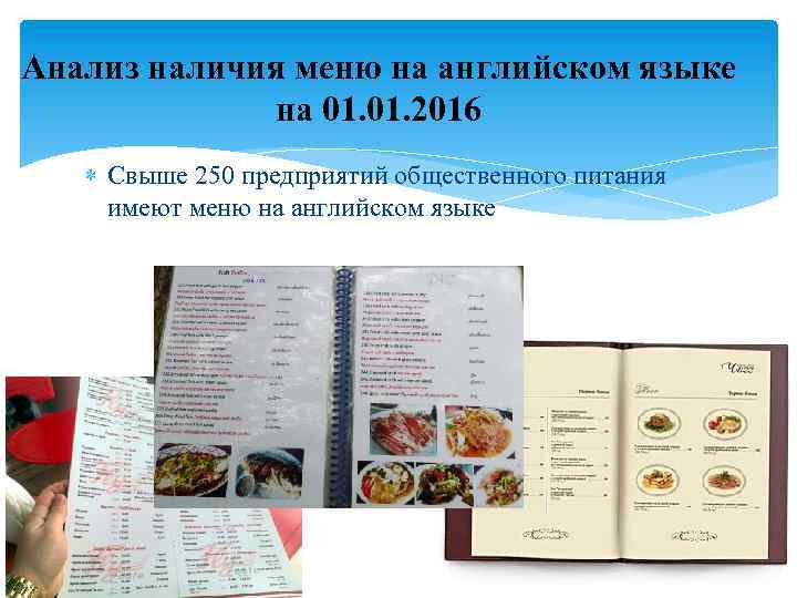 Анализ наличия меню на английском языке на 01. 2016 Свыше 250 предприятий общественного питания