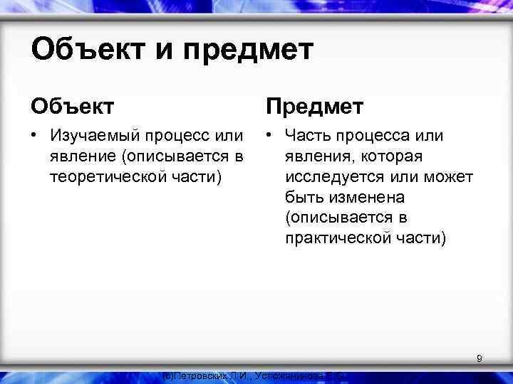 Объект и предмет Объект Предмет • Изучаемый процесс или явление (описывается в теоретической части)