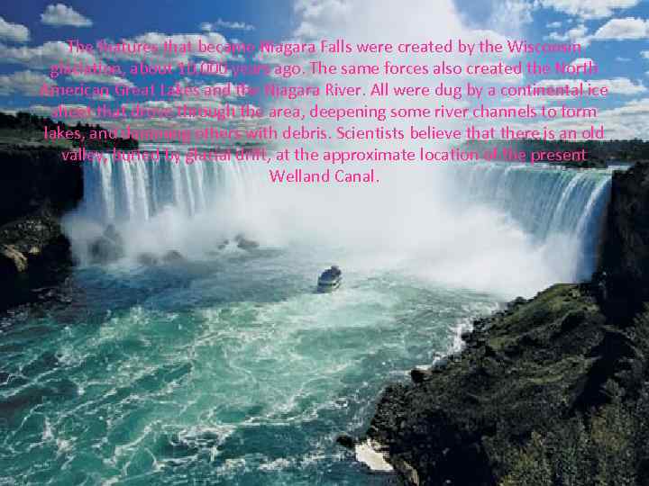 The features that became Niagara Falls were created by the Wisconsin glaciation, about 10,
