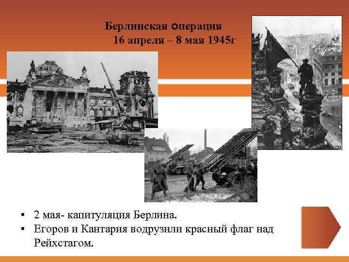 Берлинская операция 16 апреля – 8 мая 1945 г • 2 мая- капитуляция Берлина.