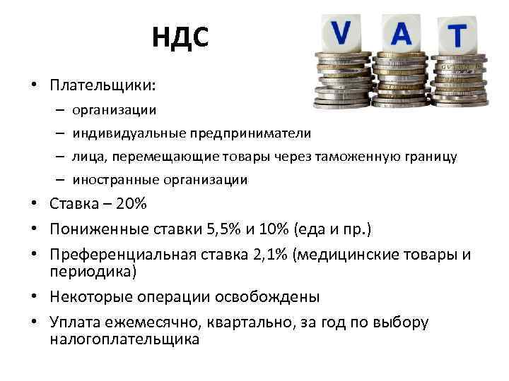 НДС • Плательщики: – – организации индивидуальные предприниматели лица, перемещающие товары через таможенную границу