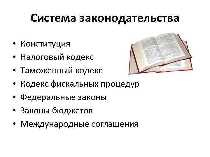 Система законодательства • • Конституция Налоговый кодекс Таможенный кодекс Кодекс фискальных процедур Федеральные законы