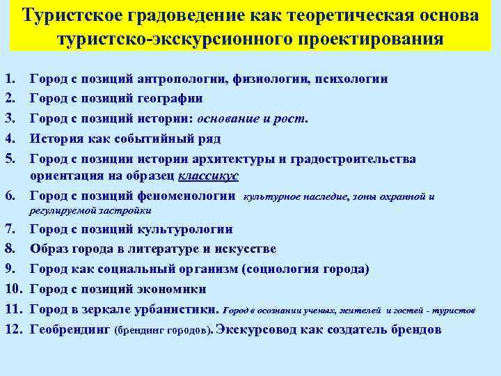Туристское градоведение как теоретическая основа туристско-экскурсионного проектирования 1. 2. 3. 4. 5. 6. Город