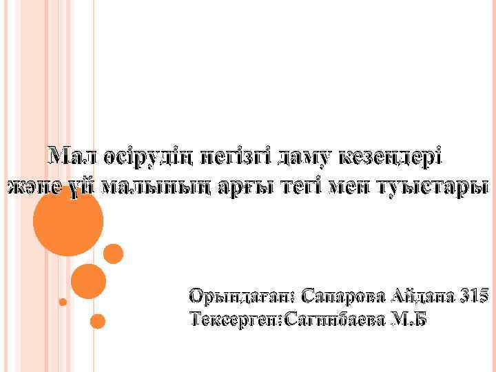 Мал өсірудің негізгі даму кезеңдері және үй малының арғы тегі мен туыстары Орындаған: Сапарова