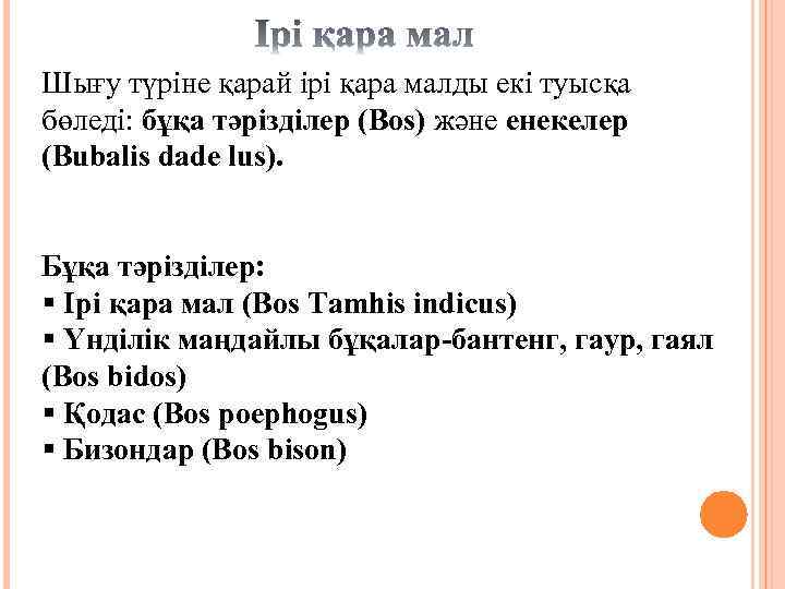 Шығу түріне қарай ірі қара малды екі туысқа бөледі: бұқа тәрізділер (Bos) және енекелер