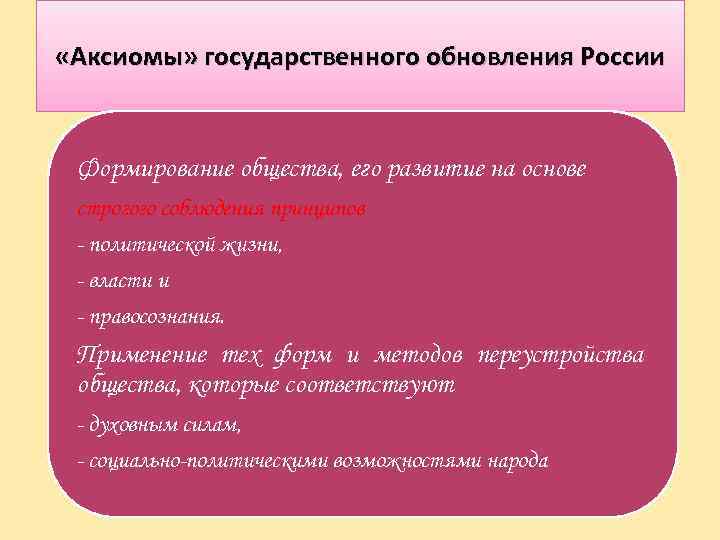  «Аксиомы» государственного обновления России Формирование общества, его развитие на основе строгого соблюдения принципов