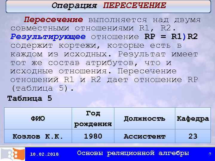 Операция ПЕРЕСЕЧЕНИЕ Пересечение выполняется над двумя совместными отношениями R 1, R 2. Результирующее отношение