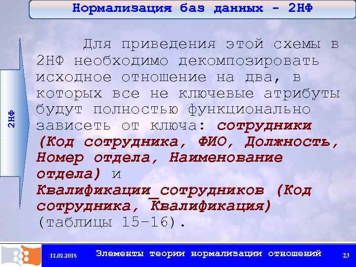 Нормализация баз данных - 2 НФ Для приведения этой схемы в 2 НФ необходимо