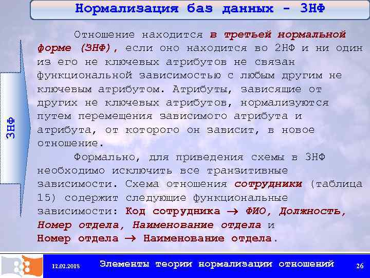 Нормализация баз данных - 3 НФ Отношение находится в третьей нормальной форме (ЗНФ), если