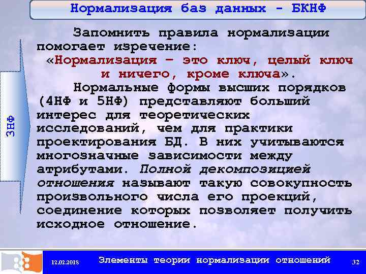 Нормализация баз данных - БКНФ 3 НФ Запомнить правила нормализации помогает изречение: «Нормализация –